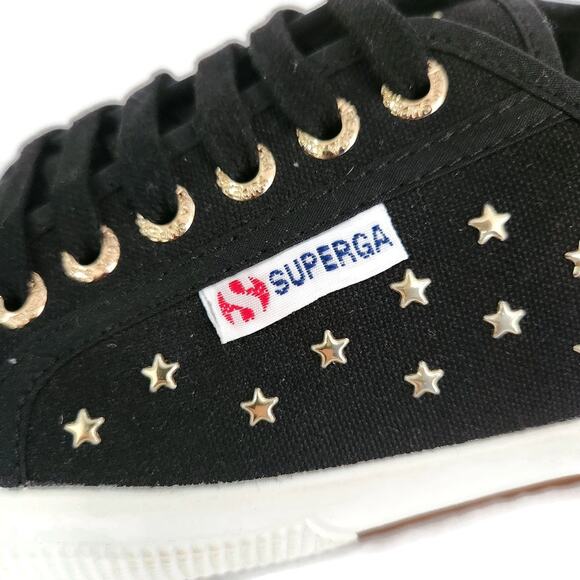 Superga Women's Black Canvas Gold Star Studs Low Top Sneakers Size 40 - Picture 5 of 8